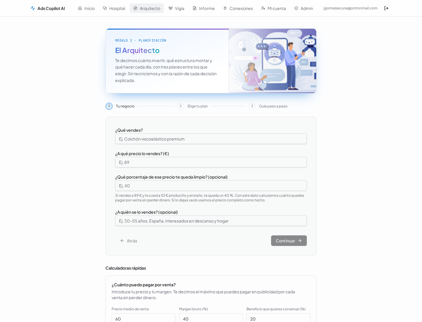 Módulo Arquitecto de Ads Copilot AI con el asistente de briefing y cálculo de presupuesto