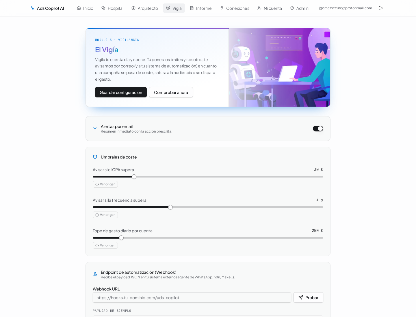 Módulo Vigía de Ads Copilot AI con umbrales de CPA, tope de gasto y endpoint de webhook